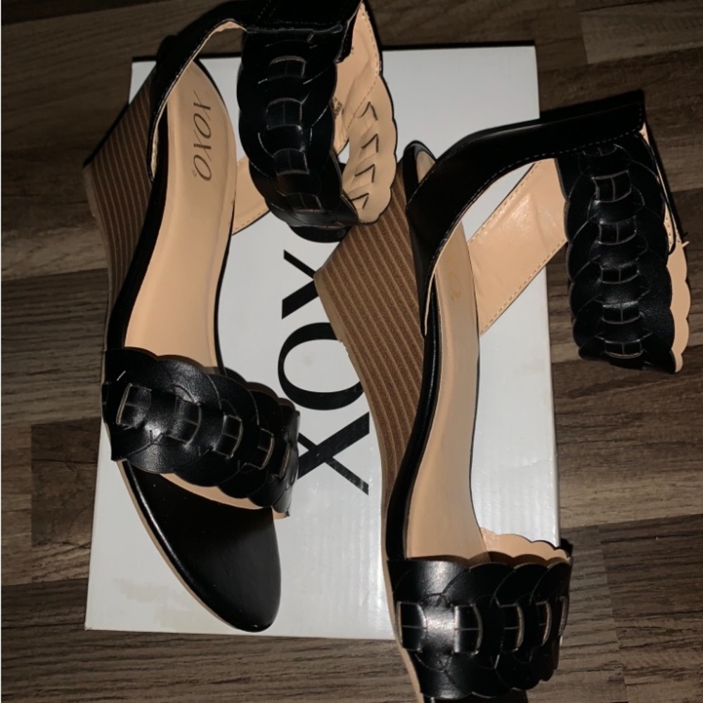 Black ankle strap wedge heel new shoes